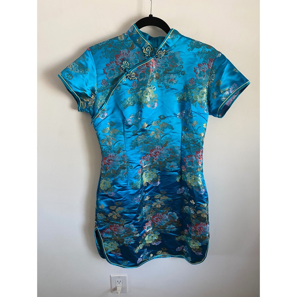 Blue Floral Satin Brocade Cheongsam Qipao Mini Dress Mandarin Collar Size M